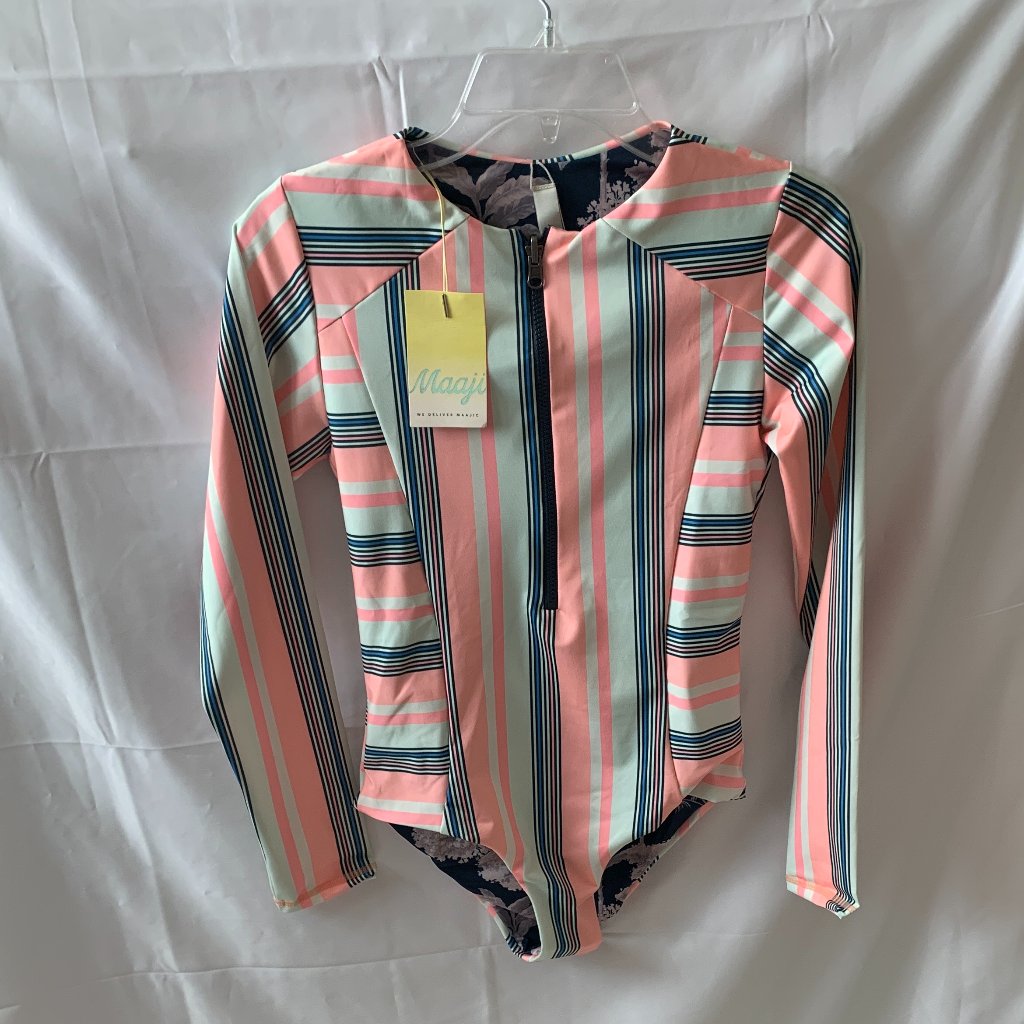 Maaji Striped Cheeky Cut Surf One Piece In Coral/Blue Sz Medium